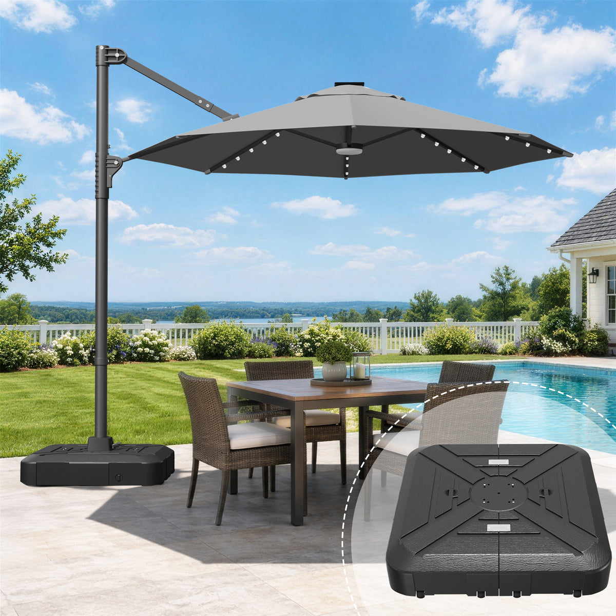 Patioslife Aegis 10ft Round Cantilever Patio Umbrella with solar LED lights | Premium Cover | Large Base