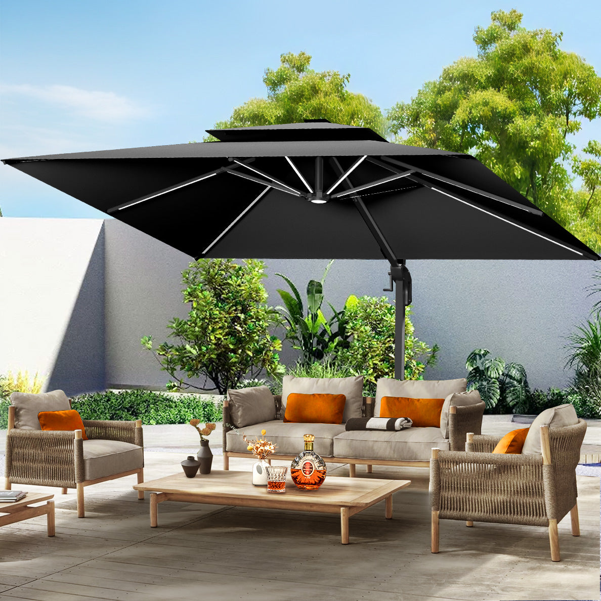 Patioslife Aegis Pro™ Premium Cantilever Umbrella with LED Strip Lights, Fibreglass Ribs & Powder-Coated Aluminium Pole — Luxury Garden & Patio Shade