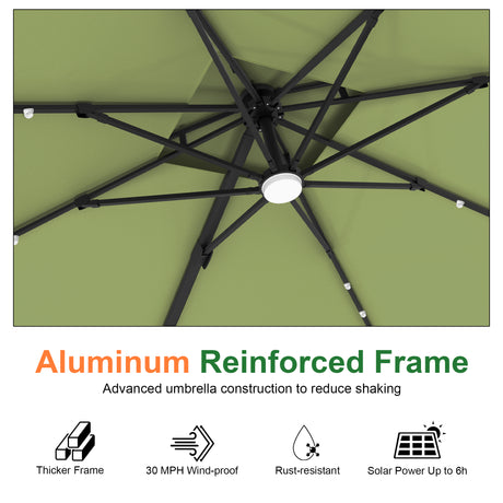 Patioslife Aegis Pro Cantilever Umbrella with Built-In LED Lights and Reinforced Aluminum Ribs and Pole for Patios & Gardens