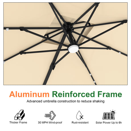 Patioslife Aegis Pro Cantilever Umbrella with Built-In LED Lights and Reinforced Aluminum Ribs and Pole for Patios & Gardens
