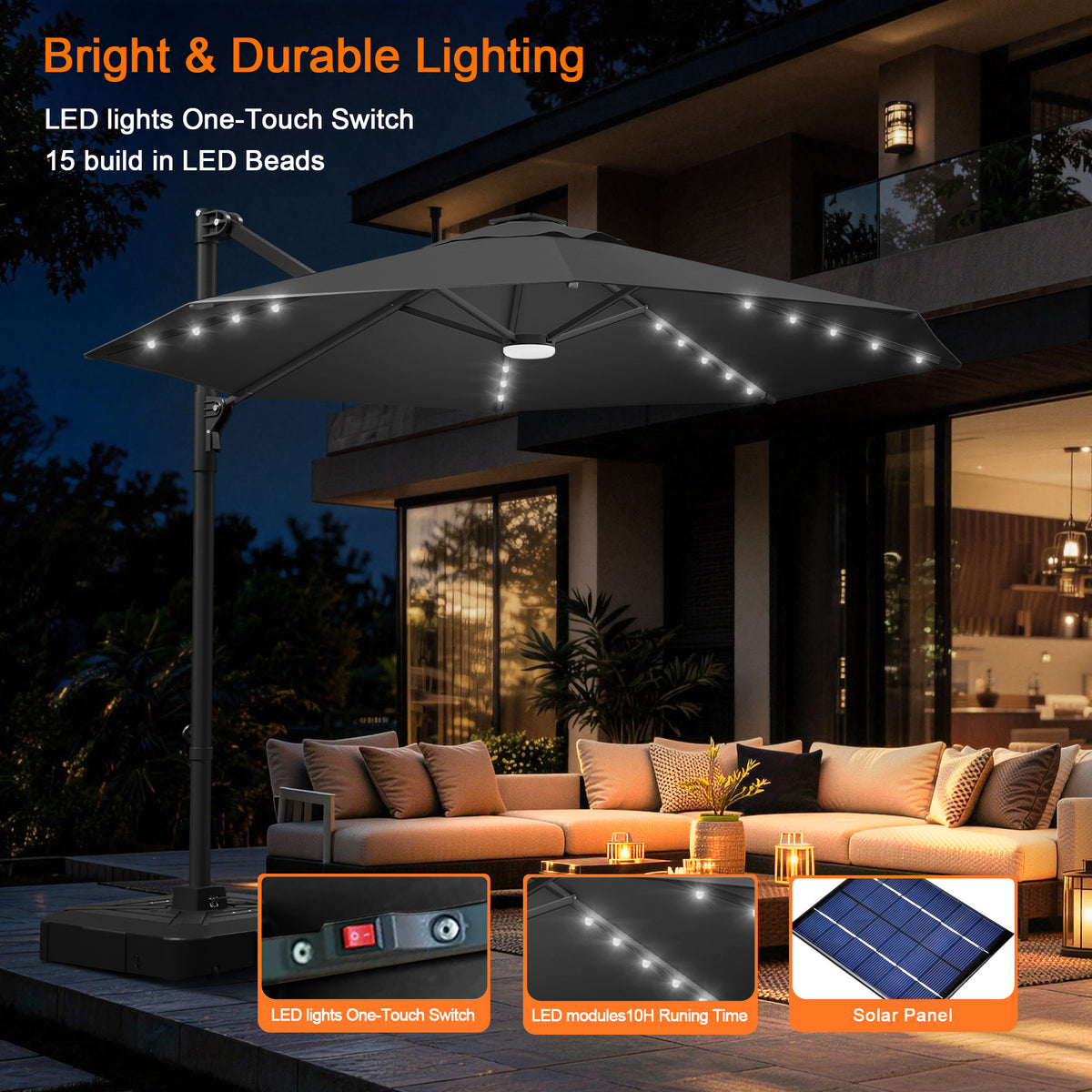 Patioslife Aegis 10ft Round Cantilever Patio Umbrella with solar LED lights | Premium Cover | Large Base
