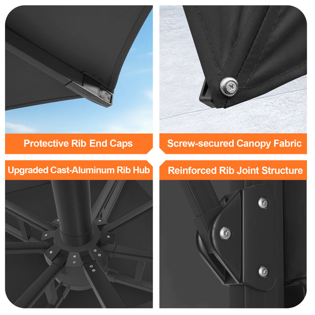 Patioslife Aegis Premium Cantilever Umbrella with Built-In LED Strip Lights and Reinforced Aluminum Ribs & Pole for Patios & Gardens