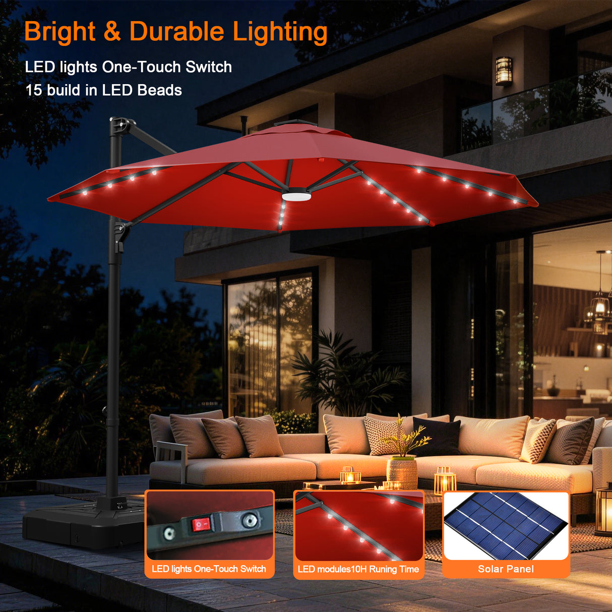 Patioslife Aegis 10ft Round Cantilever Patio Umbrella with solar LED lights | Premium Cover | Large Base