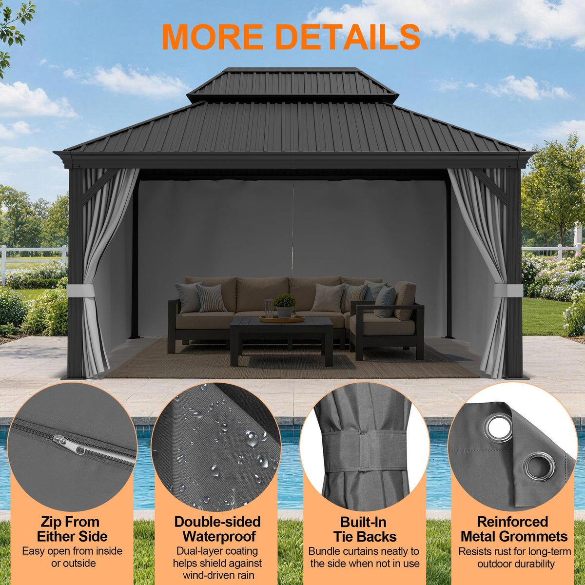 Patioslife Gazebo Replacement Curtain – 350GSM Solid Privacy Panel, Double Track Sliding Curtain for Outdoor Gazebo