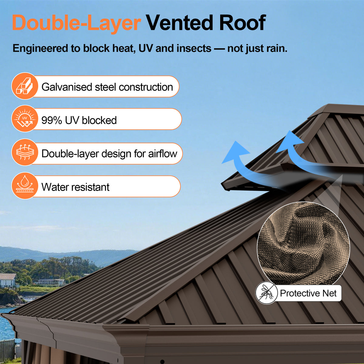 Patioslife Haven Luxury Hardtop Gazebo with 4.7” x 4.7” Reinforced Aluminum Posts, Built-In Drainage Gutters, Curtains & Netting for Patios & Backyards