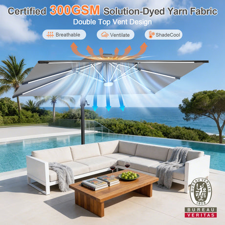 Patioslife Aegis Premium Cantilever Umbrella with Built-In LED Strip Lights and Reinforced Aluminum Ribs & Pole for Patios & Gardens