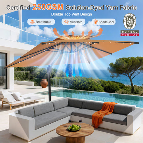 Patioslife Aegis Pro Cantilever Umbrella with Built-In LED Lights and Reinforced Aluminum Ribs and Pole for Patios & Gardens