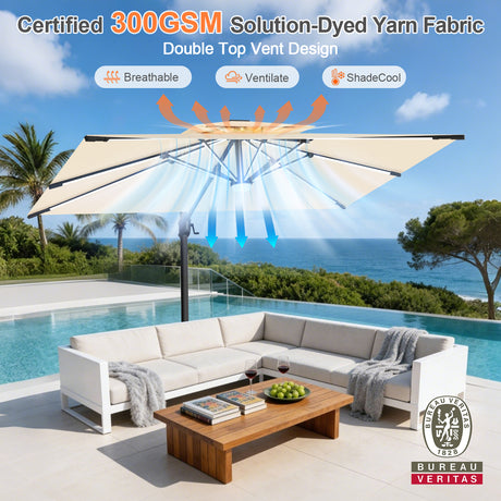 Patioslife Aegis Premium Cantilever Umbrella with Built-In LED Strip Lights and Reinforced Aluminum Ribs & Pole for Patios & Gardens