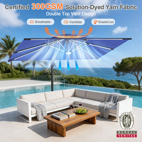 Patioslife Aegis Premium Cantilever Umbrella with Built-In LED Strip Lights and Reinforced Aluminum Ribs & Pole for Patios & Gardens