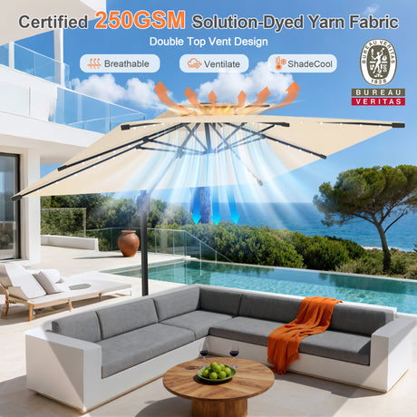 Patioslife Aegis Pro Cantilever Umbrella with Built-In LED Lights and Reinforced Aluminum Ribs and Pole for Patios & Gardens