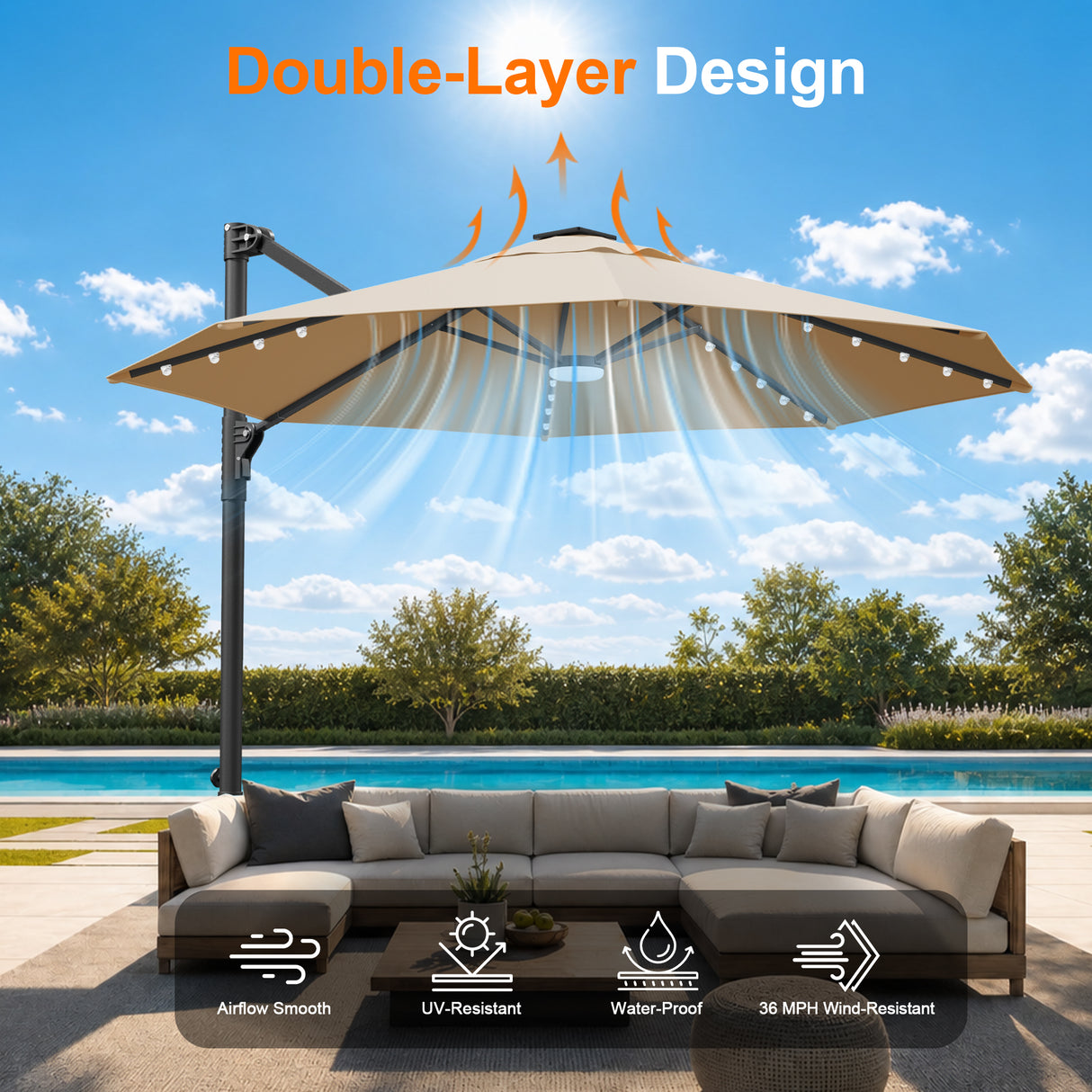 Patioslife Aegis 10ft Round Cantilever Patio Umbrella with solar LED lights | Premium Cover | Large Base