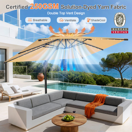 Patioslife Aegis Pro Cantilever Umbrella with Built-In LED Lights and Reinforced Aluminum Ribs and Pole for Patios & Gardens