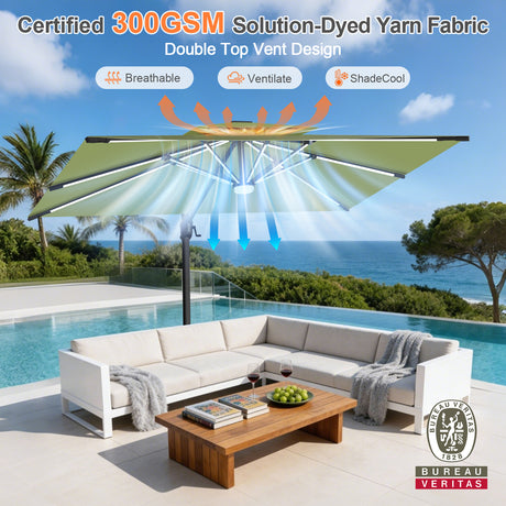 Patioslife Aegis Premium Cantilever Umbrella with Built-In LED Strip Lights and Reinforced Aluminum Ribs & Pole for Patios & Gardens