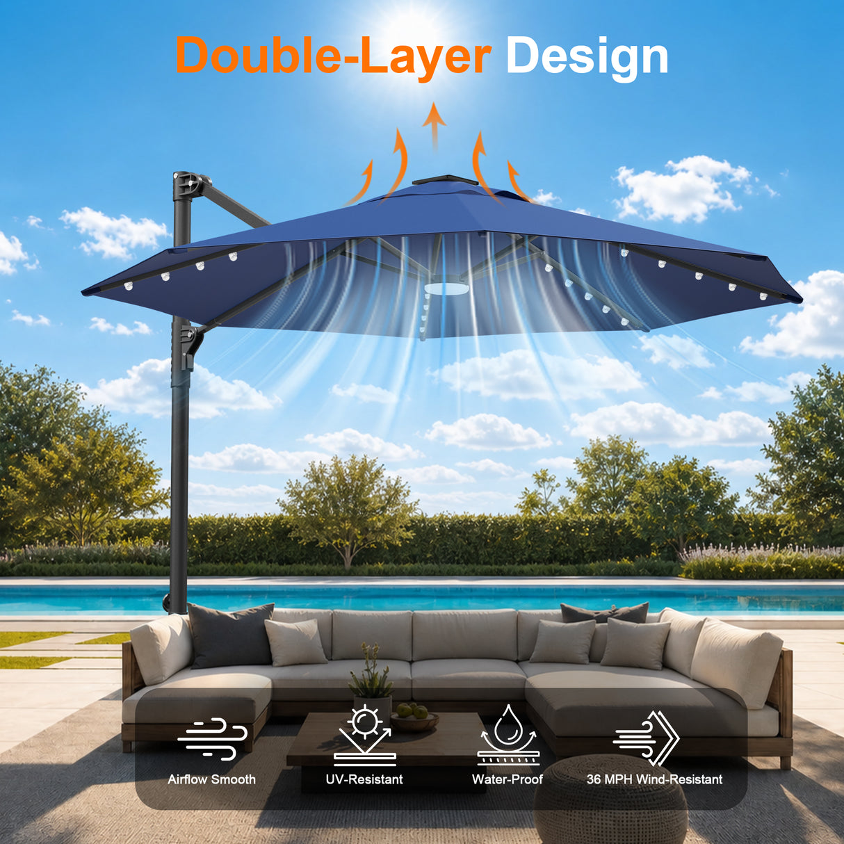 Patioslife Aegis 10ft Round Cantilever Patio Umbrella with solar LED lights | Premium Cover | Large Base