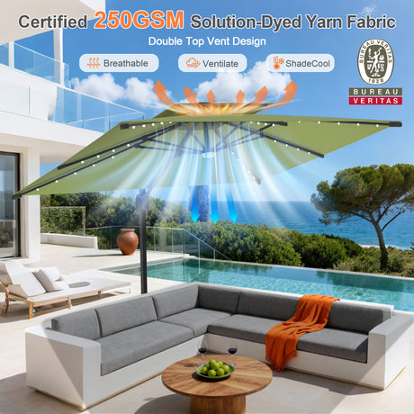 Patioslife Aegis Pro Cantilever Umbrella with Built-In LED Lights and Reinforced Aluminum Ribs and Pole for Patios & Gardens