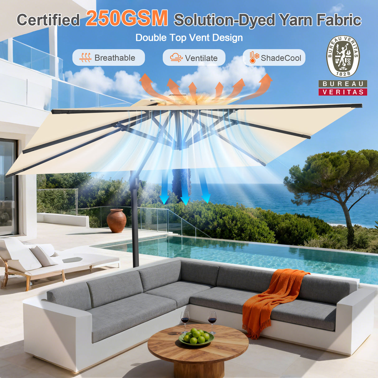 Patioslife Aegis Pro™ Cantilever Umbrella with Cross Metal Base, Reinforced & Powder-Coated Aluminium Ribs and Pole, Ideal for Garden & Patio