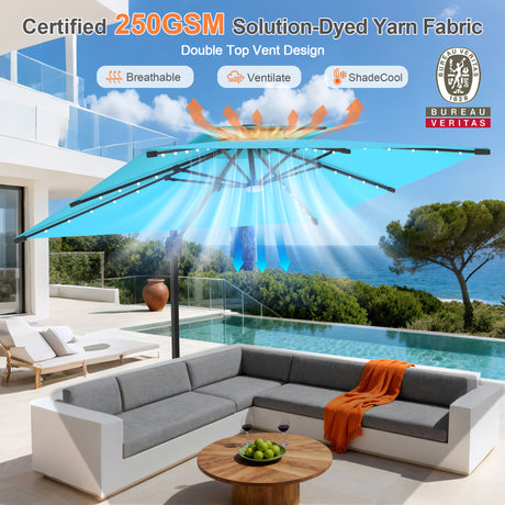 Patioslife Aegis Pro Cantilever Umbrella with Built-In LED Lights and Reinforced Aluminum Ribs and Pole for Patios & Gardens