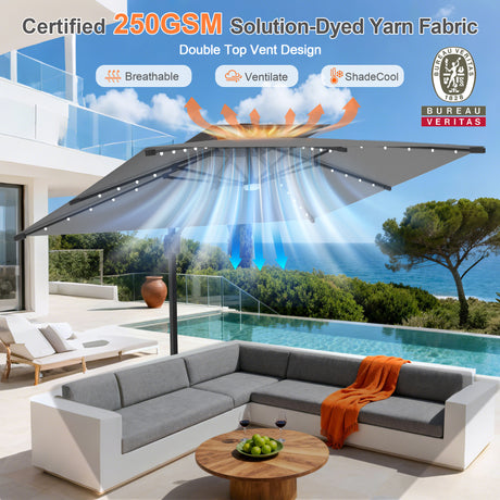 Patioslife Aegis Pro Cantilever Umbrella with Built-In LED Lights and Reinforced Aluminum Ribs and Pole for Patios & Gardens