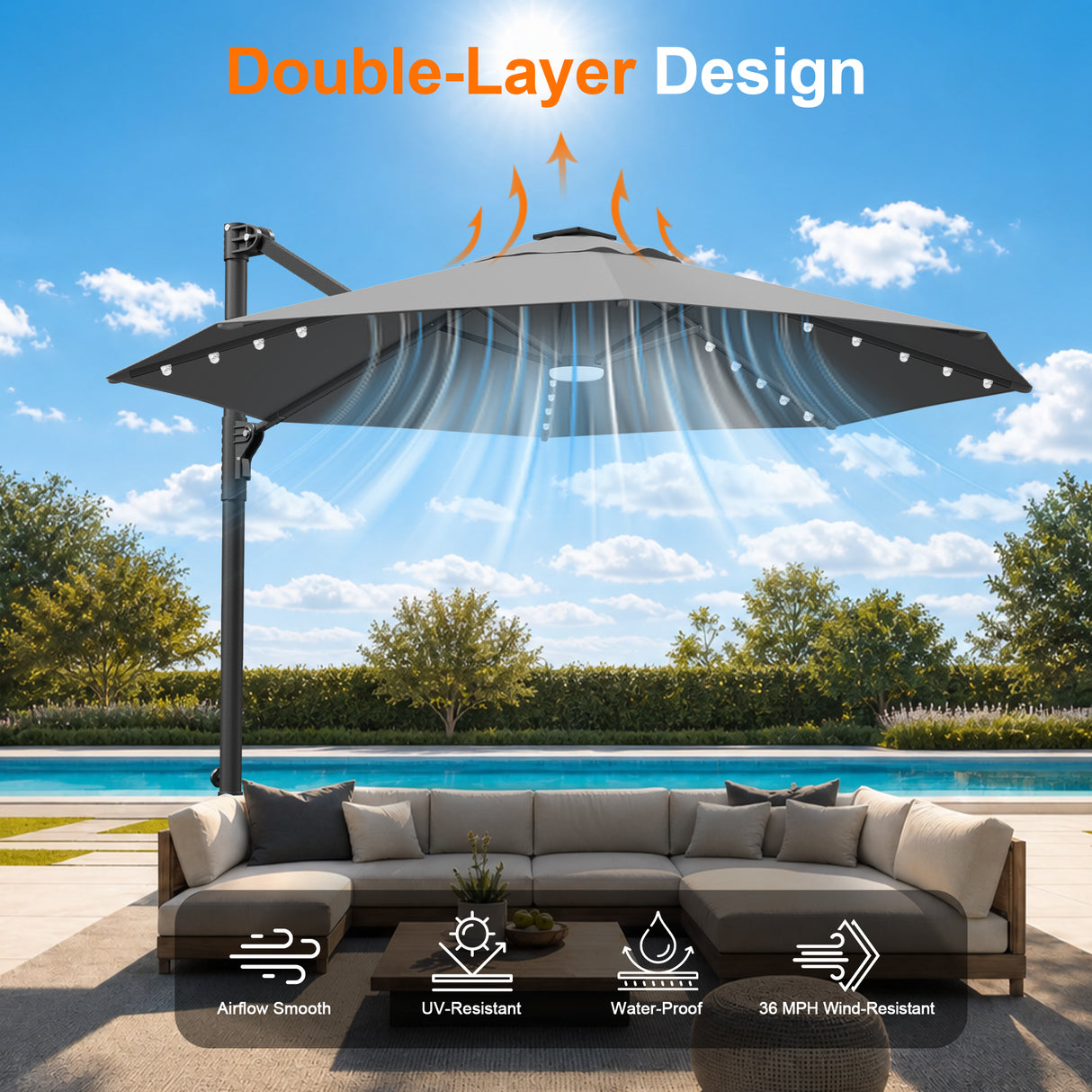 Patioslife Aegis 10ft Round Cantilever Patio Umbrella with solar LED lights | Premium Cover | Large Base
