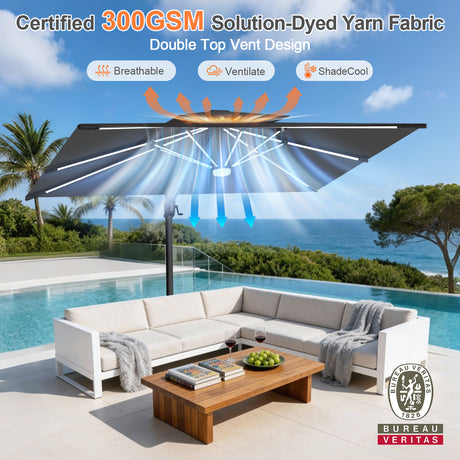 Patioslife Aegis Premium Cantilever Umbrella with Built-In LED Strip Lights and Reinforced Aluminum Ribs & Pole for Patios & Gardens