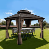 Patioslife Haven 8x10 ft Espresso Brown hardtop gazebo with curtains, netting, reinforced posts, and compact backyard dining shade.