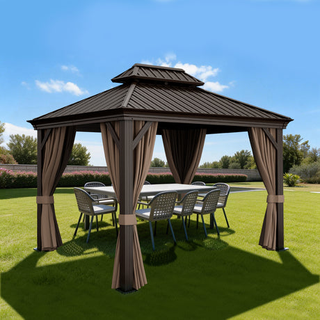 Patioslife Haven 8x10 ft Espresso Brown hardtop gazebo with curtains, netting, reinforced posts, and compact backyard dining shade.