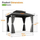 Patioslife 8x10 ft hardtop gazebo dimension chart with metal roof, curtains, and outdoor patio shade measurements.