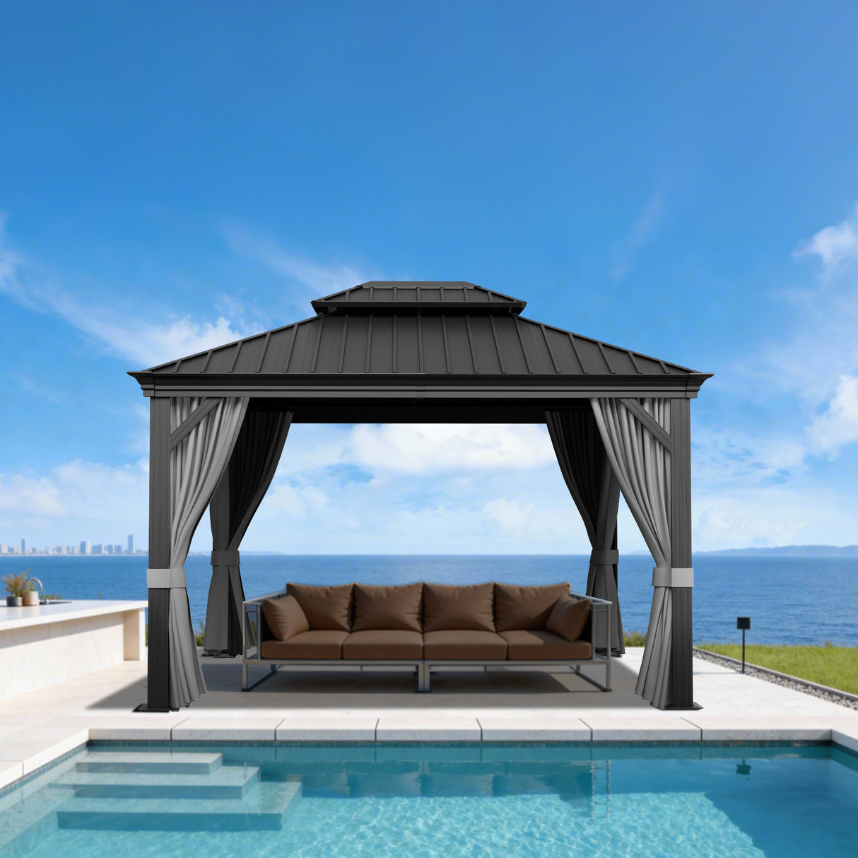 Patioslife Haven 8x10 ft Graphite Grey hardtop gazebo with curtains, netting, reinforced aluminum posts, and ocean view poolside lounge seating.