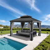 Patioslife Haven 8x10 ft Graphite Grey hardtop gazebo with curtains, netting, reinforced posts, and outdoor lounge seating near a pool.