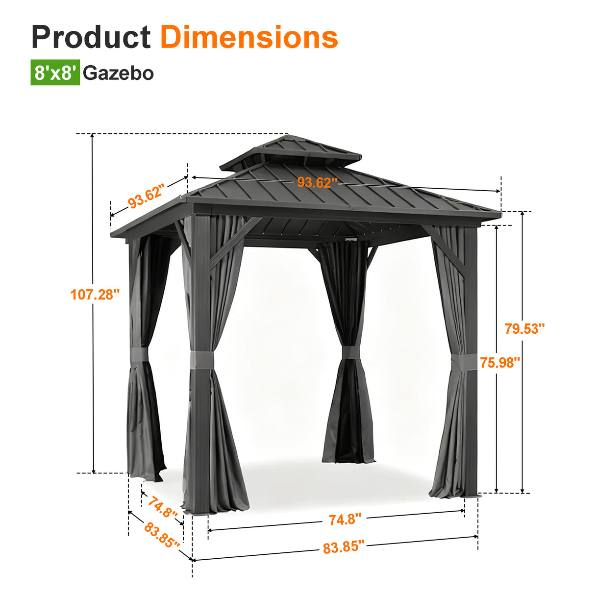 Patioslife 8x8 ft hardtop gazebo dimension chart with metal roof, curtains, and compact patio shade measurements.