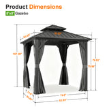 Patioslife 8x8 ft hardtop gazebo dimension chart with metal roof, curtains, and compact patio shade measurements.