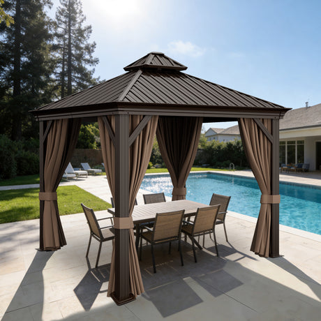 Patioslife Haven 8x8 ft Espresso Brown hardtop gazebo with curtains, netting, built-in gutters, and poolside patio dining set.