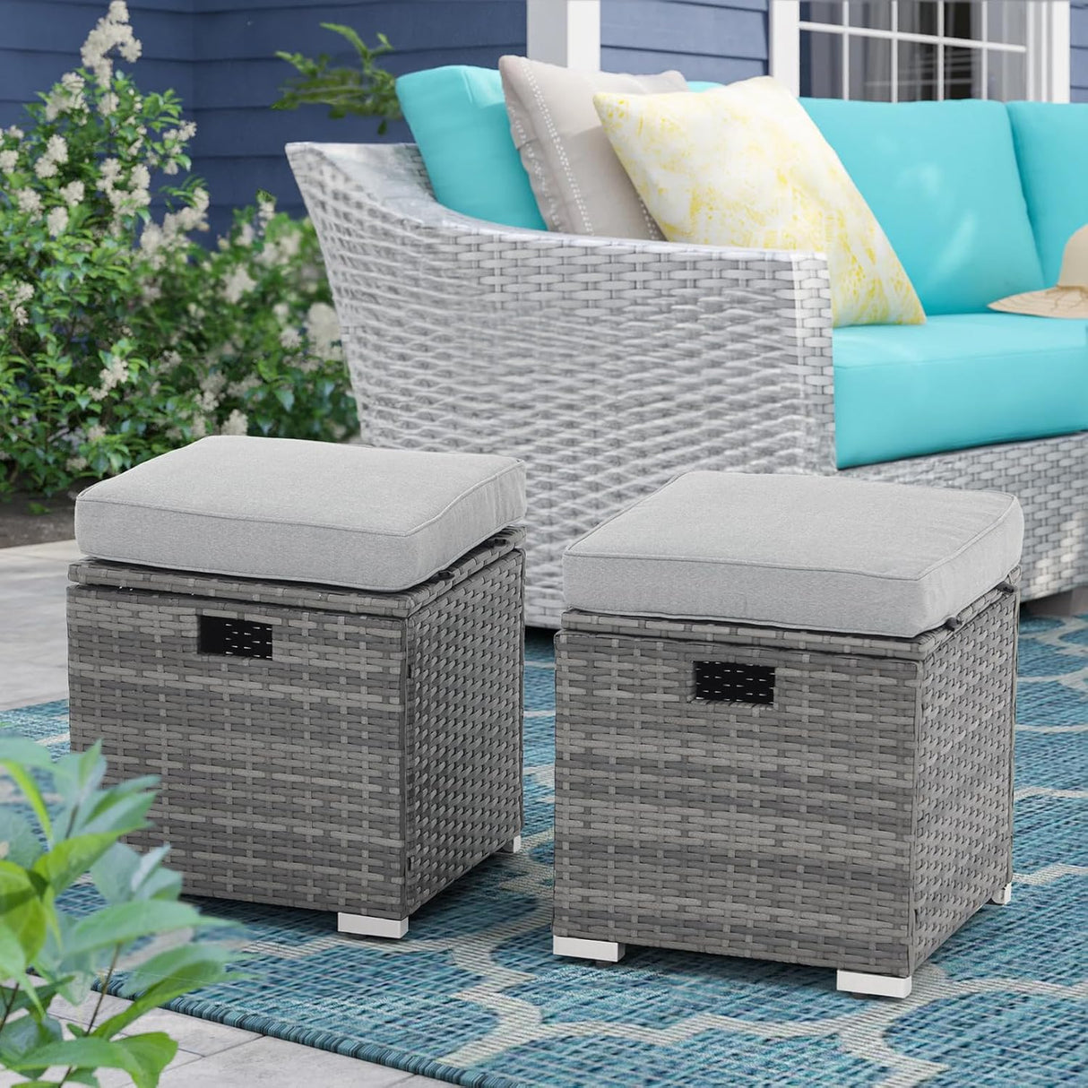Patioslife Outdoor Ottoman with Storage – Grey PE Rattan Footrest with Thick Cushion for Patio or Pool