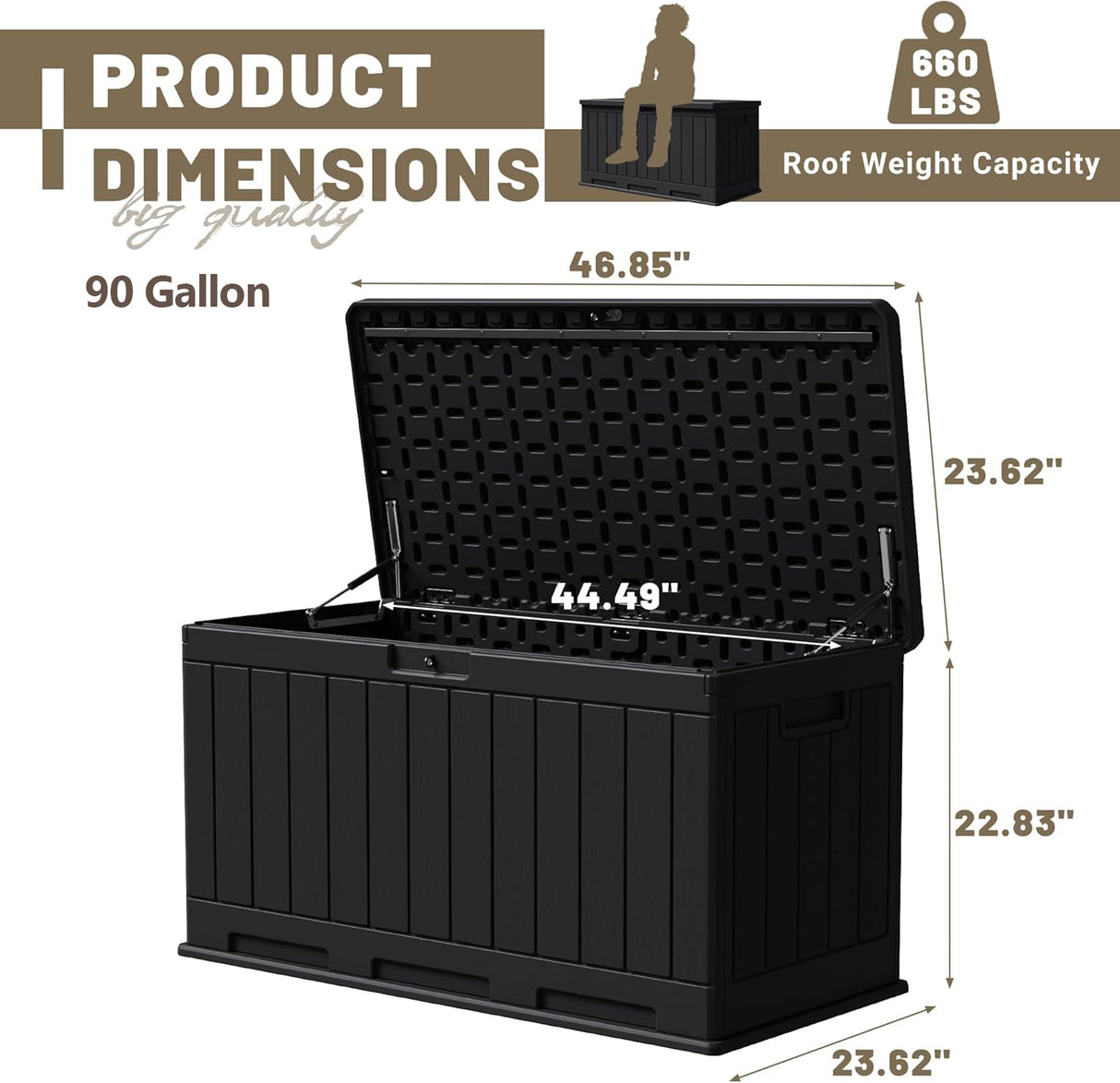 Patioslife 90 gallon black outdoor storage box with cushions, patio deck setting