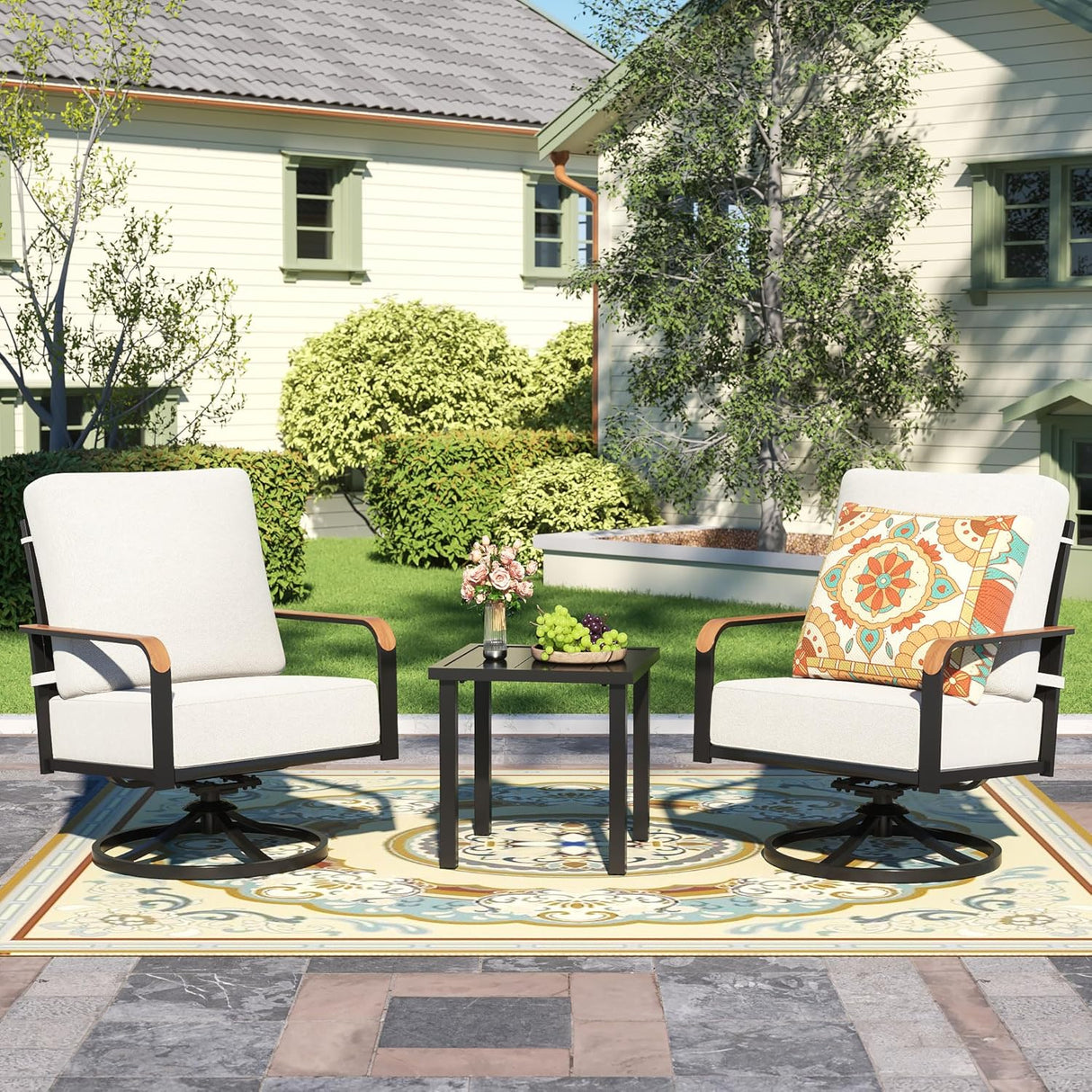 Patioslife Outdoor Conversation Furniture Set with 2 Rockers, 1 Metal Table and 6" Thick Cushions for Backyard, Porch, Balcony