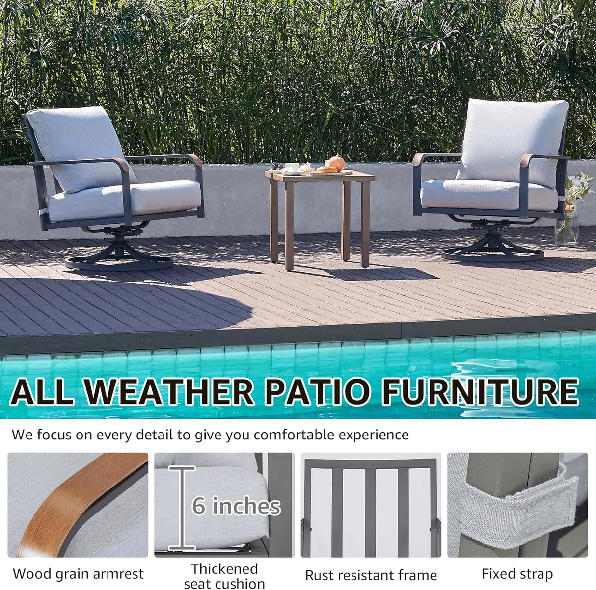 Patioslife Outdoor Conversation Furniture Set with 2 Rockers, 1 Metal Table and 6" Thick Cushions for Backyard, Porch, Balcony