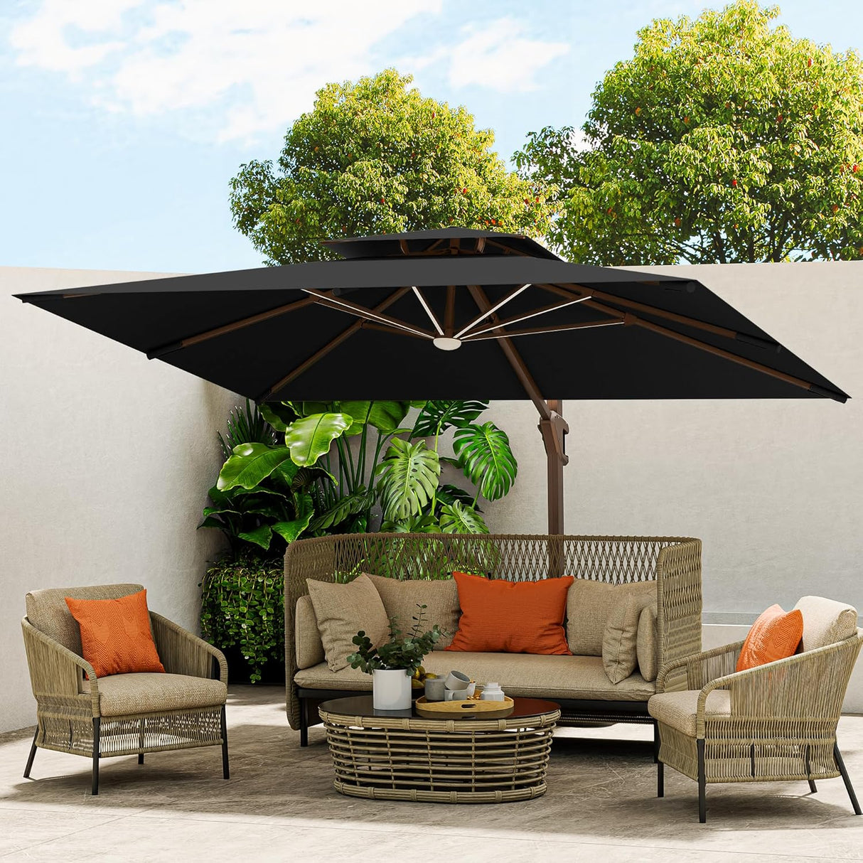Patioslife Aegis Pro™ Premium Heavy-Duty Cantilever Umbrella with LED Strip Lights & Cover – 360° Rotation, Double-Top, Wind-Resistant for Outdoor Living