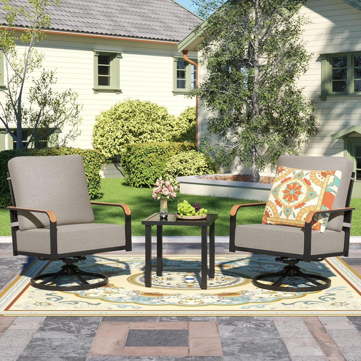 Patioslife Outdoor Conversation Furniture Set with 2 Rockers, 1 Metal Table and 6" Thick Cushions for Backyard, Porch, Balcony