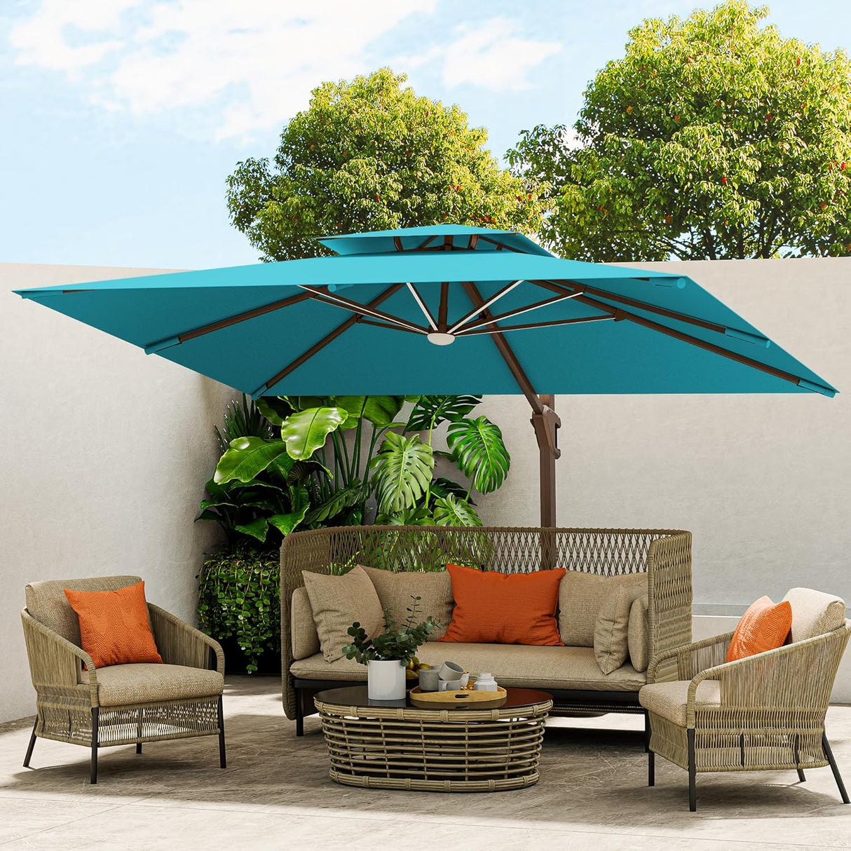 Patioslife Aegis Pro™ Premium Heavy-Duty Cantilever Umbrella with LED Strip Lights & Cover – 360° Rotation, Double-Top, Wind-Resistant for Outdoor Living