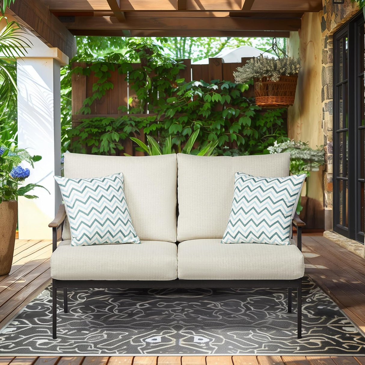 Patioslife Sofa Outdoor Furniture Metal Chair with Wicker Backrest & 6 Inches Cushion for Indoor, Front Porch, Deck, Balcony, Backyard, Sunroom