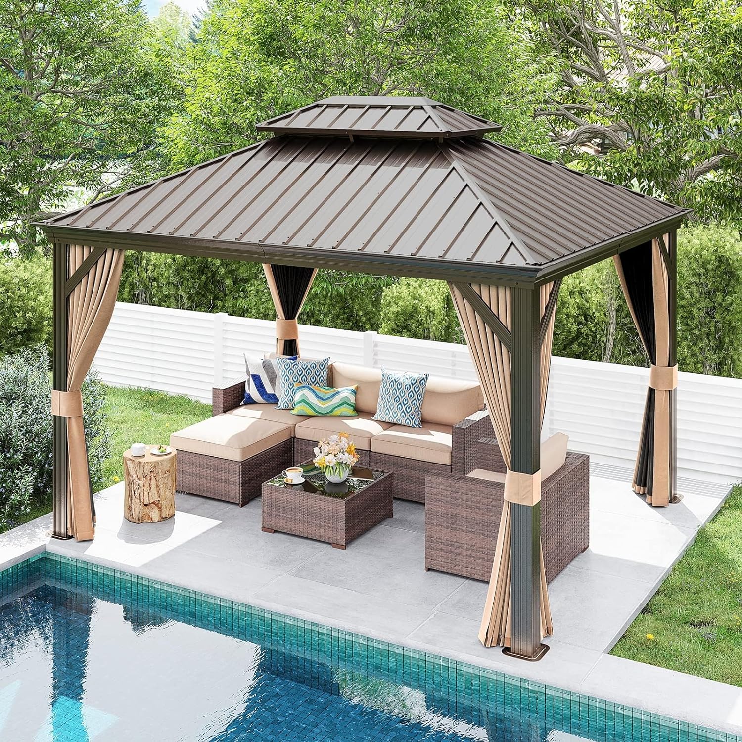 Patioslife Hardtop Gazebo with Wood Grain Aluminum Frame, Double Vented Roof & Curtains, Patio Pergola for Garden or Backyard