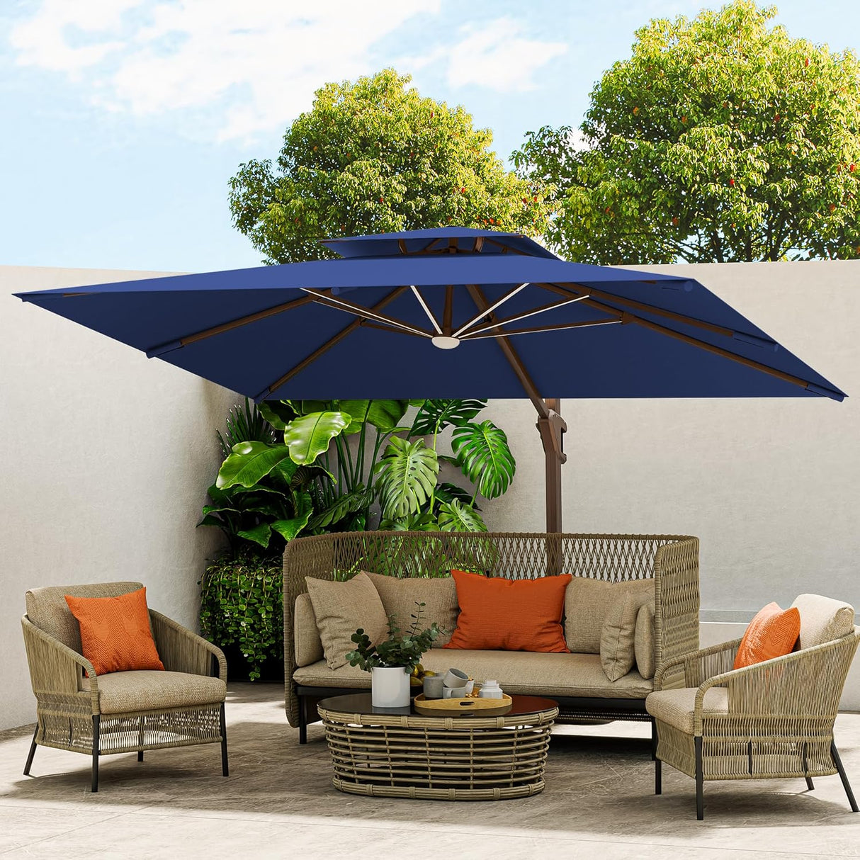Patioslife Aegis Pro™ Premium Heavy-Duty Cantilever Umbrella with LED Strip Lights & Cover – 360° Rotation, Double-Top, Wind-Resistant for Outdoor Living