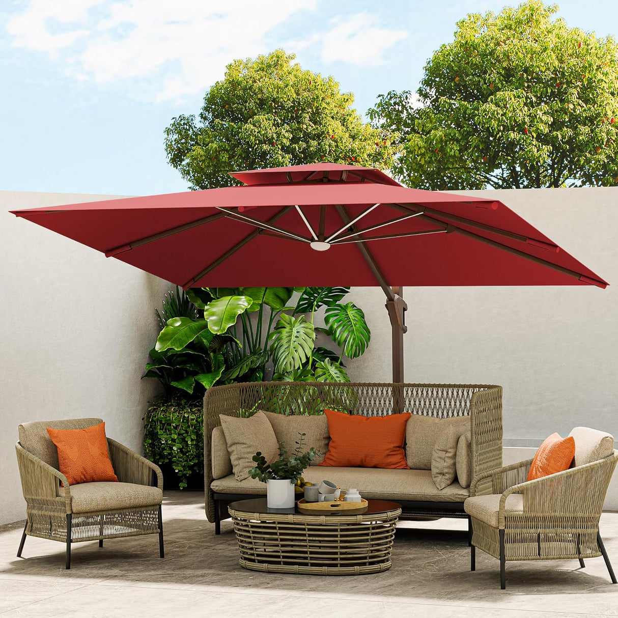Patioslife Aegis Pro™ Premium Heavy-Duty Cantilever Umbrella with LED Strip Lights & Cover – 360° Rotation, Double-Top, Wind-Resistant for Outdoor Living