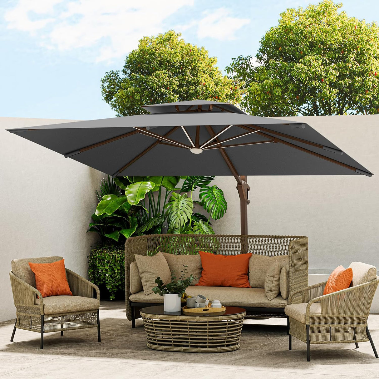 Patioslife Aegis Pro™ Premium Heavy-Duty Cantilever Umbrella with LED Strip Lights & Cover – 360° Rotation, Double-Top, Wind-Resistant for Outdoor Living