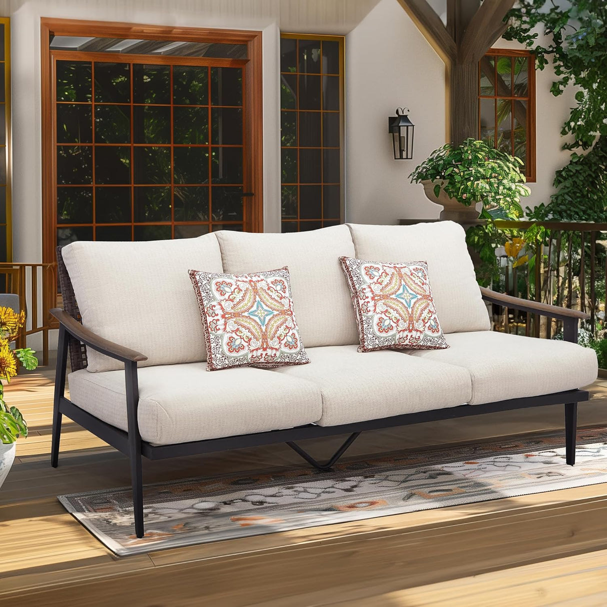 Patioslife Sofa Outdoor Furniture Metal Chair with Wicker Backrest & 6 Inches Cushion for Indoor, Front Porch, Deck, Balcony, Backyard, Sunroom