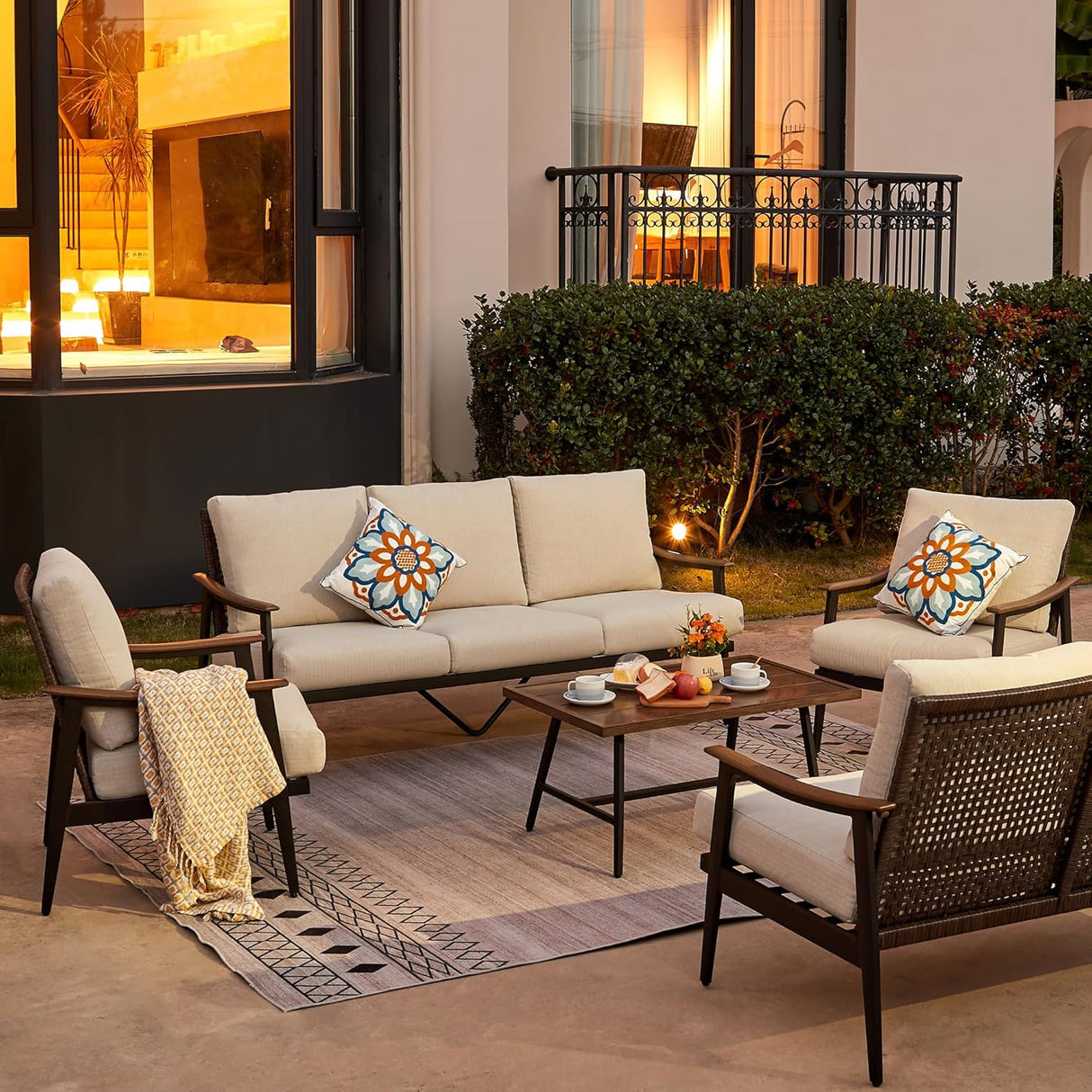 Patioslife Sofa Outdoor Furniture Metal Chair with Wicker Backrest & 6 Inches Cushion for Indoor, Front Porch, Deck, Balcony, Backyard, Sunroom