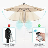 Patioslife 9ft beige motorized patio umbrella with remote control and easy tilt adjustment for garden deck or poolside shade