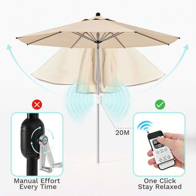 Patioslife 9ft beige motorized patio umbrella with remote control and easy tilt adjustment for garden deck or poolside shade