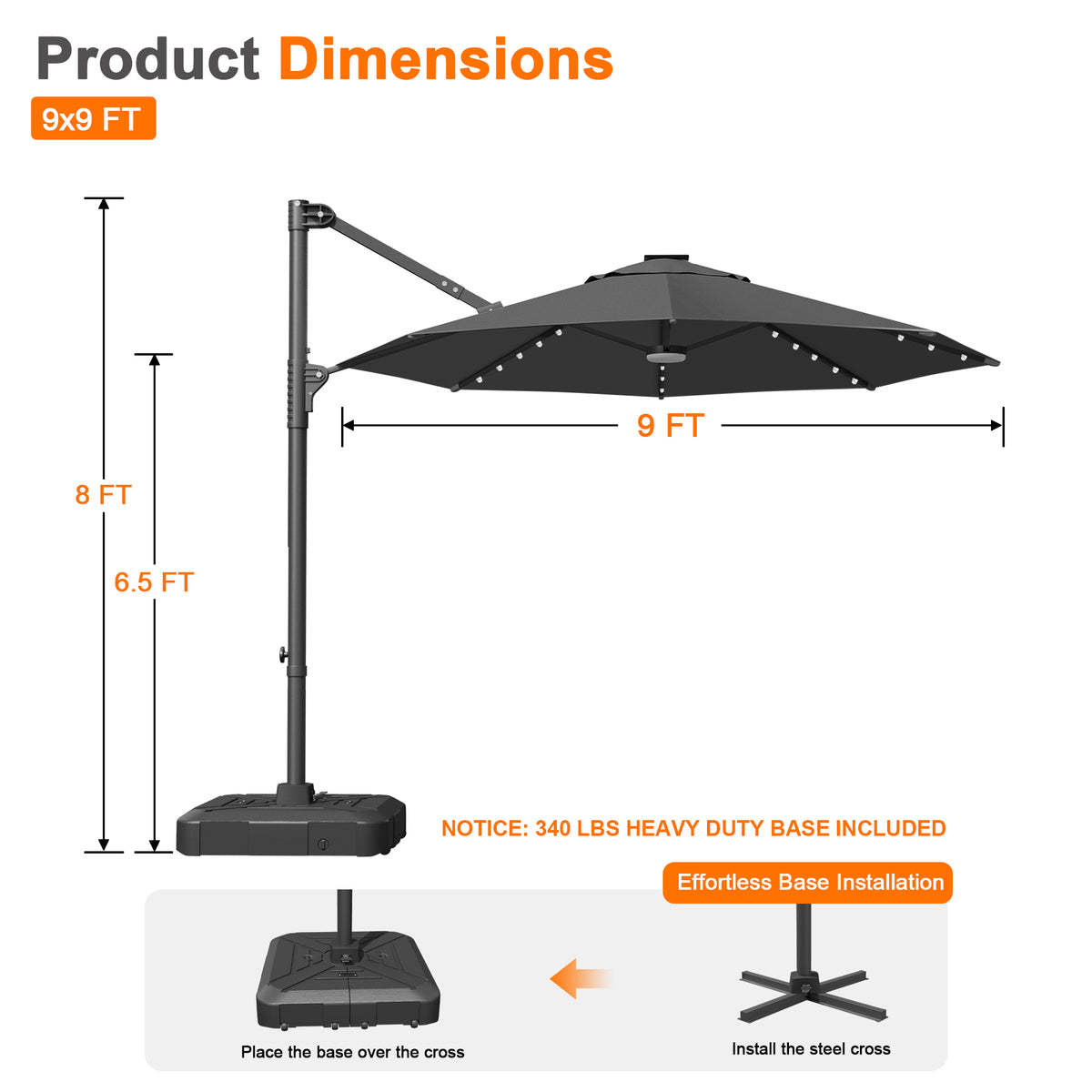 Patioslife Aegis 10ft Round Cantilever Patio Umbrella with solar LED lights | Premium Cover | Large Base