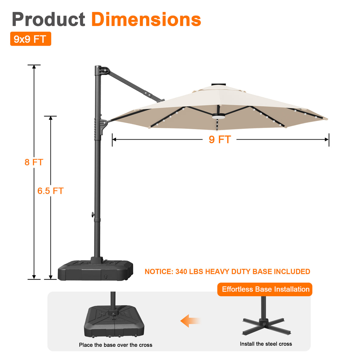 Patioslife Aegis 10ft Round Cantilever Patio Umbrella with solar LED lights | Premium Cover | Large Base